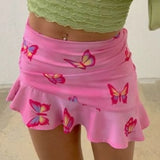 Boho Beach Skirts Summer High Waist Floral Printing Ruched Slim Short Mini Skirt A-line Bottoms Party Vacation
