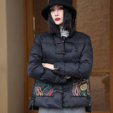 Chinese Wind Short Down Jacket Female Winter New Plate Buckle National Wind Printing Warm White Duck Down Warm Coat Large Size-Outfit