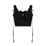 Personality Wind Metal Chain Collision Bow Splicing Pure Black Sling Vest 2024 Spring / Summer Style-Outfit