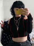 Dark Grunge Punk Gothic Women's T-shirts Hollow Out Patchwork Cropped Top Emo Black Bodycon Female T-shirt Chic