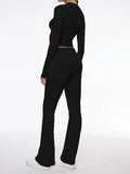 Long Sleeve Cropped Top Fold-over Flare Pants Set-Outfit