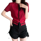 Fongt Fragrant Neckline With Black Thin Knitted Short-Sleeved T-Shirt For Women 2023 New Summer Short Ice Silk