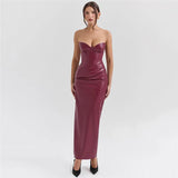 Burgundy Strapless PU Leather Maxi Dress-Outfit