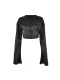Satin Long Sleeve Buttoned Crop Blouse-Outfit