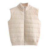 Fongt New Women's Versatile Striped Standing Collar Zipper Sleeveless Padded Jacket Patchwork Knit Vest-Outfit