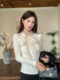 Fongt Xixi 2025 Autumn White Standard Korean Version Of Elegant Temperament Solid Color Tie With Thin Knitted Shirt Top Women 89543