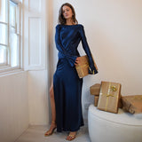Fongt Elegant Temperament Solid-Colored Back-Back-Scuffed Long-Sleeved Dress 8092