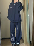 Navy Blue Printed Baggy Sweatpants-Outfit