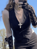 V Neck Pinstriped Button Corset Top-Outfit