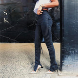 Office Lady Pants For Women High Waist Striped Trousers Thick Material Side Split Skinny Long Bottom Stretchy