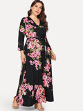 Fongt Autumn And Winter Explosion Of Women's Sleeves Fat Mmv Tie Print With Waist Dress