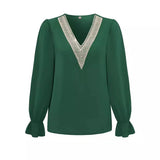 Fongt Autumn And Winter 2024 New Women's Casual Solid Color V-Neck Lace Lotus Leaf Sleeve Loose Jacket-Outfit