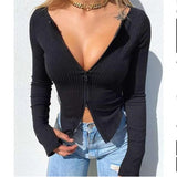 T-shirt Spring Autumn Clothes Ribbed Knitted Long Sleeve Crop Tops Zipper Design Tee Sexy Female Slim Black White