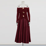 Temperament Famous Wind Style Long Dress 2025 New Bosom One-Word Shoulder Design Long-Sleeved Pin Waist Dress