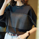 Casual Batwing Sleeve Loose T-shirt Korean Solid Color Spliced Female Clothing Fashion Diamonds O-Neck Knitted Pullovers-Outfit
