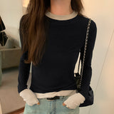 Collision Design Two Long-Sleeved T-Shirts Women's Autumn And Winter New Slim Cashmere Warm Bottomed Blouse-Outfit