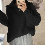 Women Rib Knitting Open Zipper Lapel Sweater 2021 Autumn Vintage Pullover Knitwear Long Sleeve Retro Ladies Knit Jumper