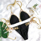 Fongt New Gold Strap Sexy Backless Bikini Crystal Diamond Swimsuit