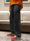 Men's Washed Checkered Patchwork Jeans-Outfit