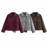 Fongt Women's Explosive Retro Fashion Simple Collar Big Pocket Zipper Wool Coat