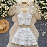 Fongt Temperament Sweet Age Reduction Short Sling Vest High Waist Fluffy Cake Skirt 2025 New Summer Suit
