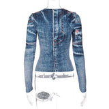 Denim Print Long Sleeve Top-Outfit