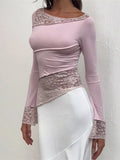 Lace Floral See Through Patchwork T-shirts Tops for Women Long Sleeve O-neck Slim Fit Irregular Hem Tees Shirts 2023-Outfit