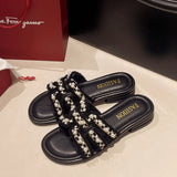 Fongt Summer New Small Scented Pearl Slippers Women Wear Flat Bottom One-Word Drag Beach Cool Drag Skirt