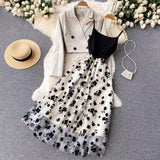 Fongt Temperament Short Double Buckle Suit Jacket Female High-End Velvet Mesh Sling Dress Two Sets