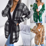 Fongt Wind Autumn And Winter Lattice With Lantern Sleeve Casual Cardigan Sweater Coat Women's Clothing