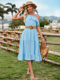 Fongt Summer Leisure Clear New Women's Single Shoulder Solid Color Flounce Waist Dress-Outfit