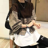 Clothing Vintage Plaid Pullovers Patchwork Knitted Fake Two Pieces Spring Autumn Round Neck Stylish Button Midi T-shirt-Outfit