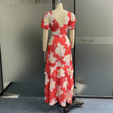 Fongt 2025 New Color V-Neck Bubble Sleeve High-Waisted Temperament Irregular Dress