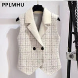 Plaid Imitation Mink Vest Coats Women Slim Vintage Sleeveless Sweater Crop Tops Spring Fall Chic Knitted Waistcoats