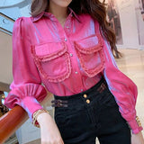 Tassel Spliced Blouse Commute Solid Color Elegant Lapel Bright Silk Spring Autumn Women's Clothing Single-breasted Shirt-Outfit