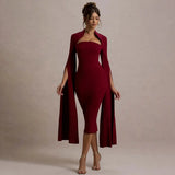 Solid Cape Bodycon Midi Dress-Outfit