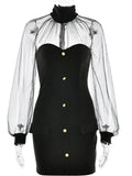 Sheer Long Sleeve Mock Neck Bodycon Mini Dress-Outfit