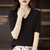 Fongt The Summer Of 2023, Women's Knit Short Sleeve Korean V-Neck Solid Color T-Shirt And A Pit Top-Outfit