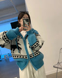 Deer Jacquard Hooded Knitting Zipper Cardigan-Outfit