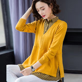 Patchwork Sweater Women Casual Loose Fake Two Piece Knit Tops Spring Fall Lapel Pullover Korean Mom Knitwear Jumper