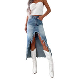 Fongt 2025 Women's New Denim Skirt High Waist Irregular Hair To Do Old Water Washing Skirt Dress