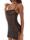 Women Sexy Lace See Through Sling Dress Square Neck Sleeveless Strap Side Split Mini Dresses Backless Summer Vestidos-Outfit