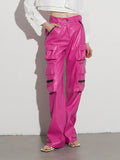 Fongt Barbie Powder Series Autumn 2024 New Medium Waist Long Mop Style PU Leather Multi-Pocket Cargo Pants-Outfit