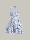 French Floral Halter Dress with Tiered Ruffle