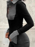 Stripe Splice Polo Neck Long Sleeve Blouse-Outfit