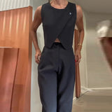 Fongt Summer New Solid Color Round Collar Button Top Temperament Straight Pants Suit Women-Outfit