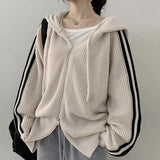 Vintage Striped Sleeve Hooded Zip Up Cardigan-Outfit