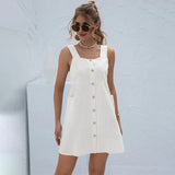 New Strap Dress Women Solid Color Button Loose Waist Pocket Sleeveless Casual Streetwear Beach Mini Short