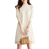 And Winter Lace Stitched Knitted Dress Femininity New Bottom Women's Medium-Length Loose Sweater Skirt-Outfit