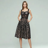 Spring 2025 New Fashion Sexy Mesh Embroidery Design Fish Bone Collection Waist Thin Lace Sling Dress